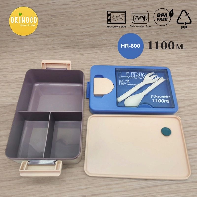 Product image Houroffer Kotak Makan Bento 3 Sekat HR-600 Plastic Free Sendok Garpu 1100 ML Anti Tumpah - Bpa Free 600 Blue Purple