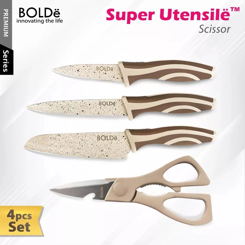 Product image Andal Harmoni sejahtera - BOLDe Set Pisau + Gunting / Knives + Scissor Set Super Utensil Electra isi 4 coklat