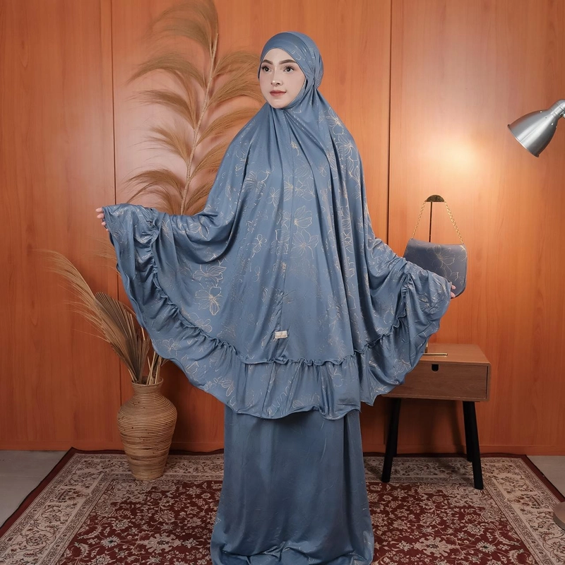 Product image Sakura Baru - Mukena Mimah Motif Magnolia Mimoza Strechy Rample Mukenah Wanita Dewasa All Size Denim