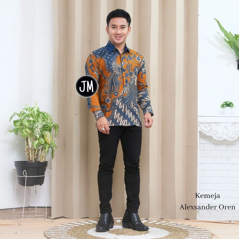 Product image Batik Alfin - Baju atasan wanita dan pria motif Alexander oren model kekinian terbaru M Kemejan oren
