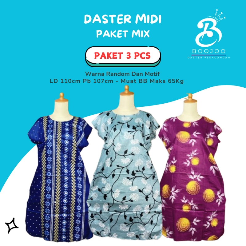 Product image BOOJOO DASTER PEKALONGAN - Boojoo-Paket Murce 3Pcs Daster Midi Bahan Rayon LD 110 All Size <70kg Paket 3Pcs Random