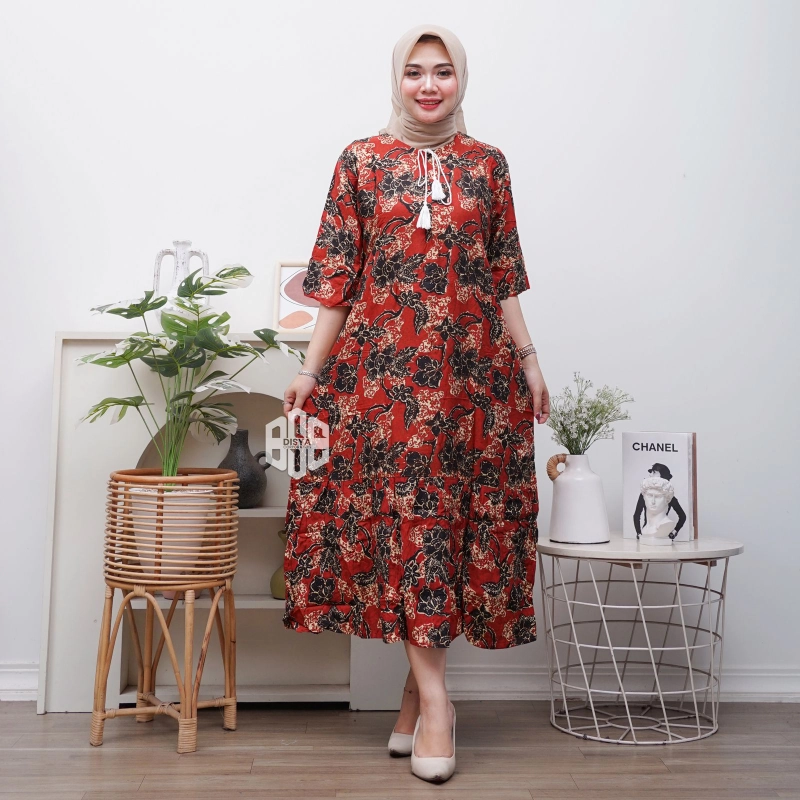 Product image Disya.id - Gamis Twill Rayon Premium Busui Terbaru Jumbo Syari Daun Akar LD 120cm Merah