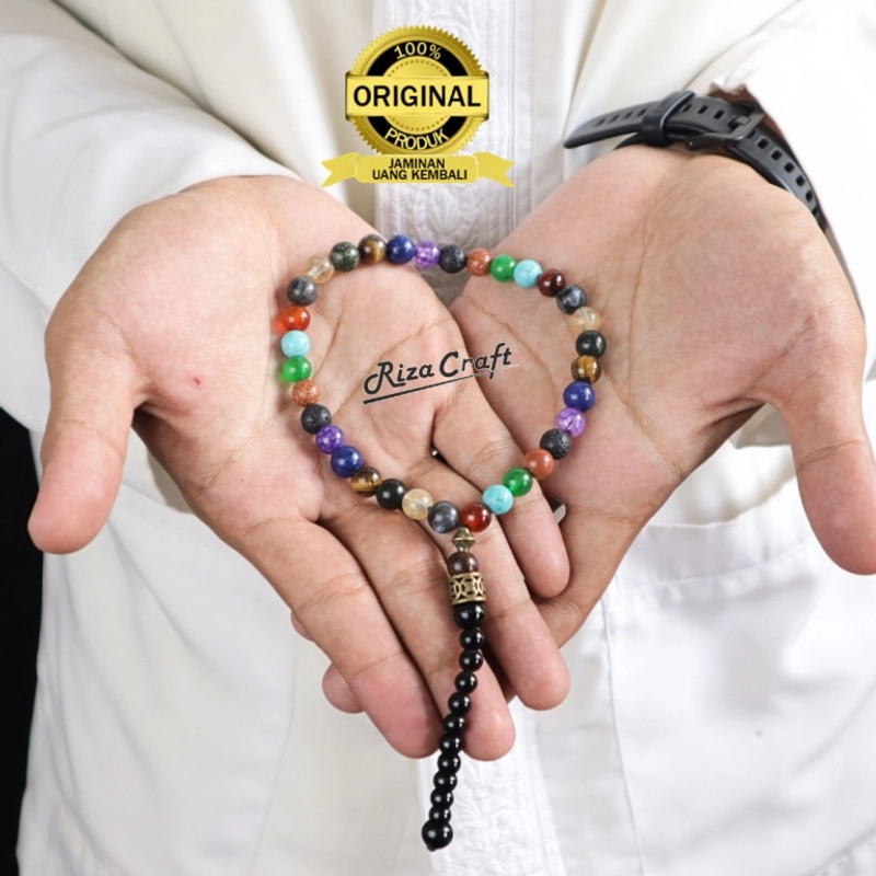 Product image Riza Craft - Tasbih Batu Akik Alam Agate Pirus Giok Lava Kecubung Lapis Lazuli Pasir Emas Tiger Eye Black Jade Ci 33 Butir Mix