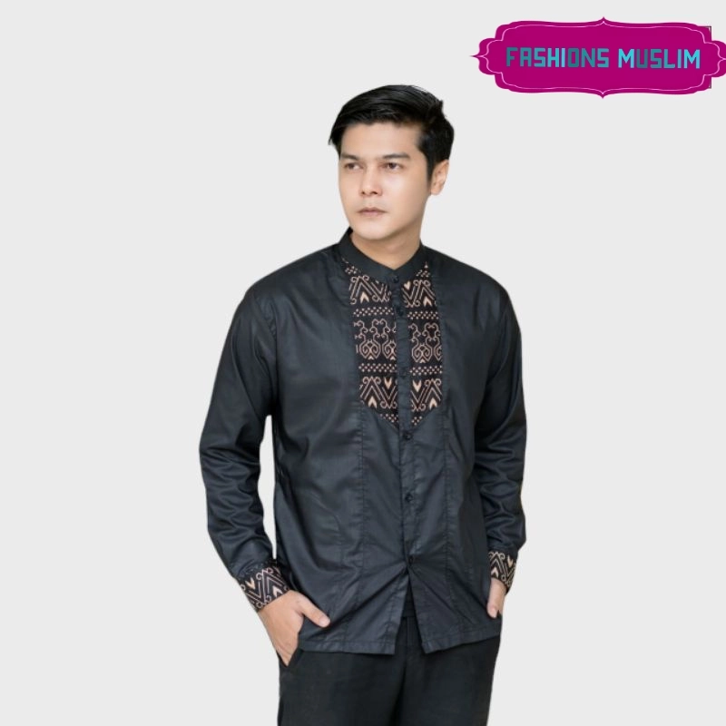 Product image Kois Batik - Baju Koko kombinasi Batik dewasa sangat simpel lengan pajang M Hitam