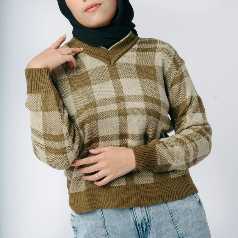 Product image MKY Clothing - [Paket Usaha 12pcs] MKY Clothing - BLUS RAJUT KOTAK-KOTAK V NECK LENGAN PANJANG HITAM ONE SIZE