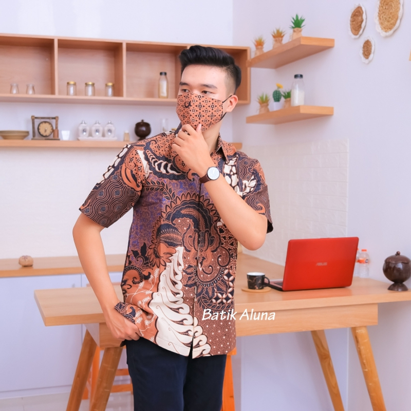 Product image Batik aluna - Pd015 Kemeja baju batik pria lengan pendek premium full furing free masker S M L XL S BATIK