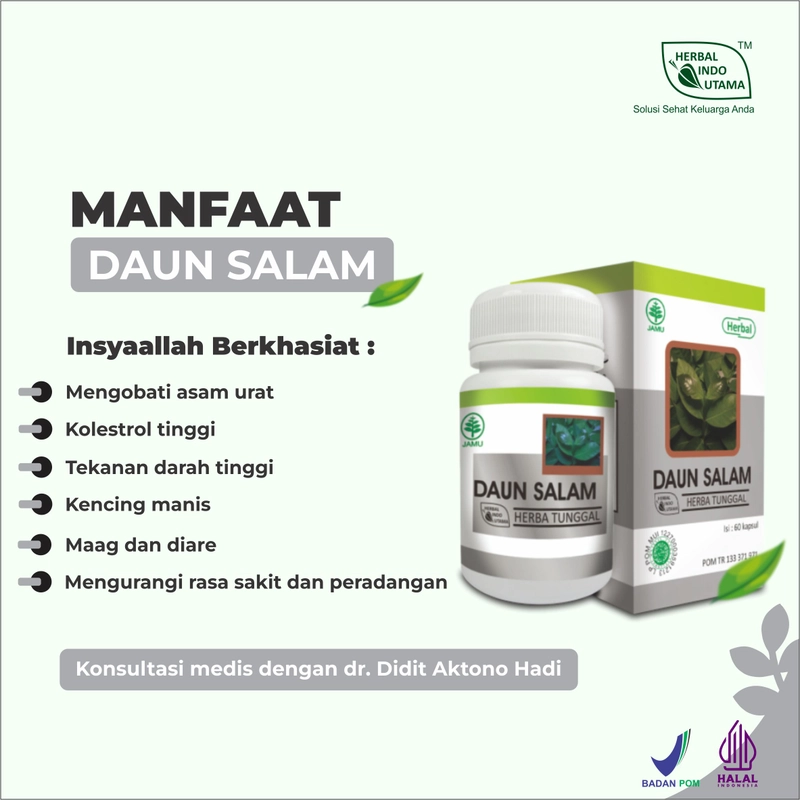 Product image Herbal Indo Utama - Daun Salam Herbal Indo Utama Obat Kolesterol Darah Tinggi Asam Urat isi 60 Kaps 1 Botol 60 Kapsul DAUN SALAM