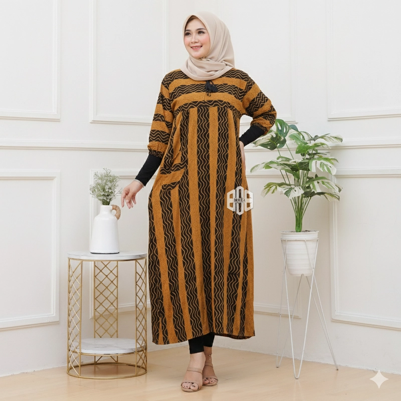 Product image Disya.id - Dress Gamis Wanita Bahan Rayon Resleting Depan Salur Hujan LD 120cm Kunyit