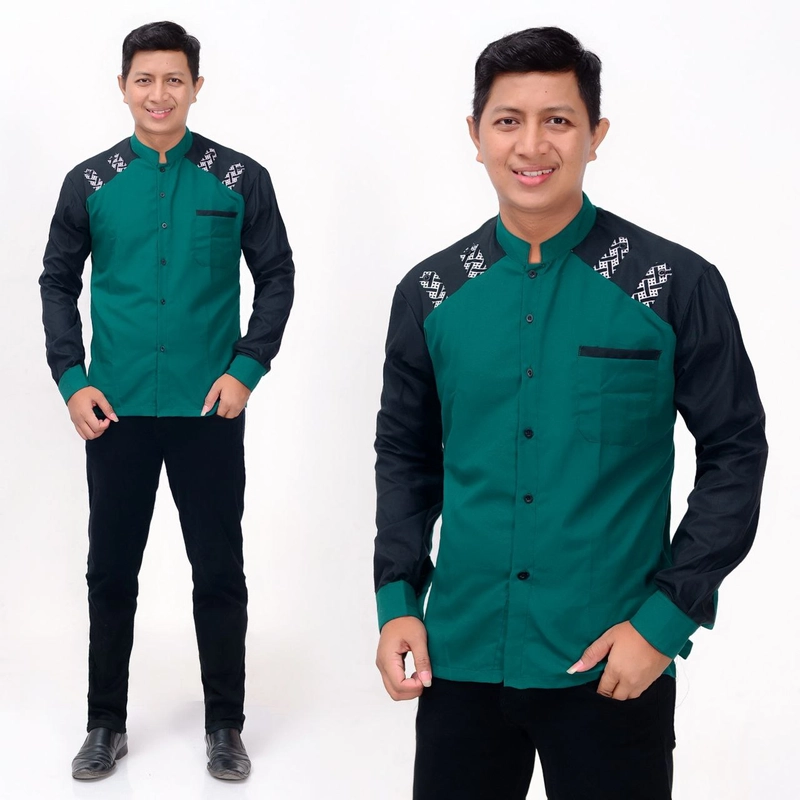 Product image Batik Alfin - Baju koko muslim lengan panjang kombinasi batik model terbaru M Hijau