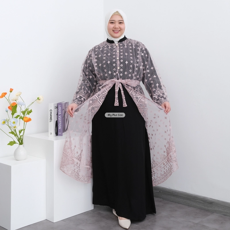 Product image My Plus Size - Gamis Outer Brukat Tile Jumbo Wanita 3898 / Ld 135 cm & 145 cm / Gamis Eid Series Jumbo Wanita 3XL BLACK