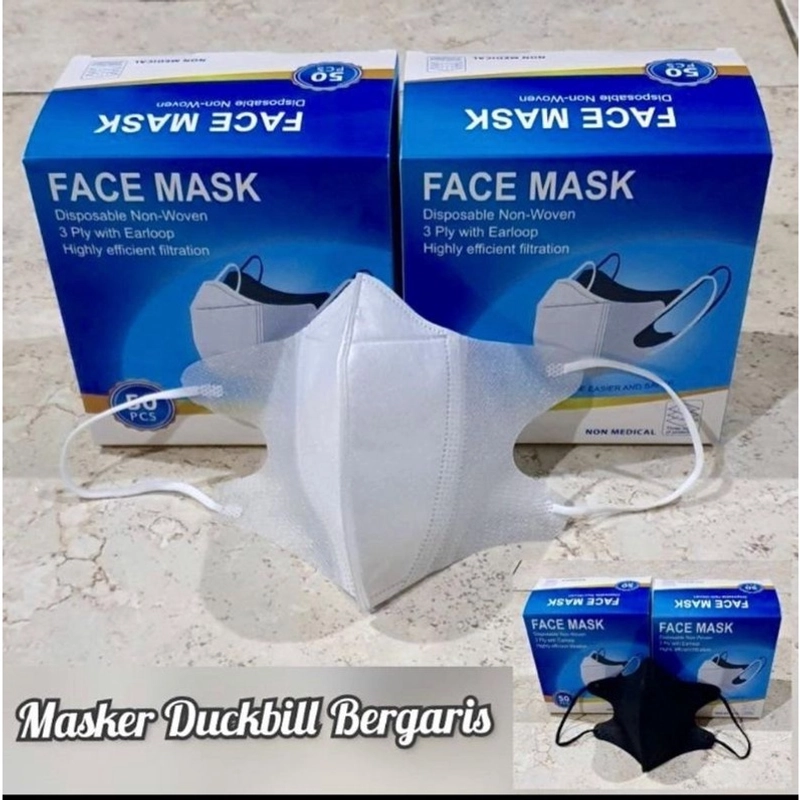 Product image MASKER DUCKBILL 50 PCS 1BOX 1PACK 3PLY HITAM/PUTIH KEMENKES RI 1 BOX PUTIH