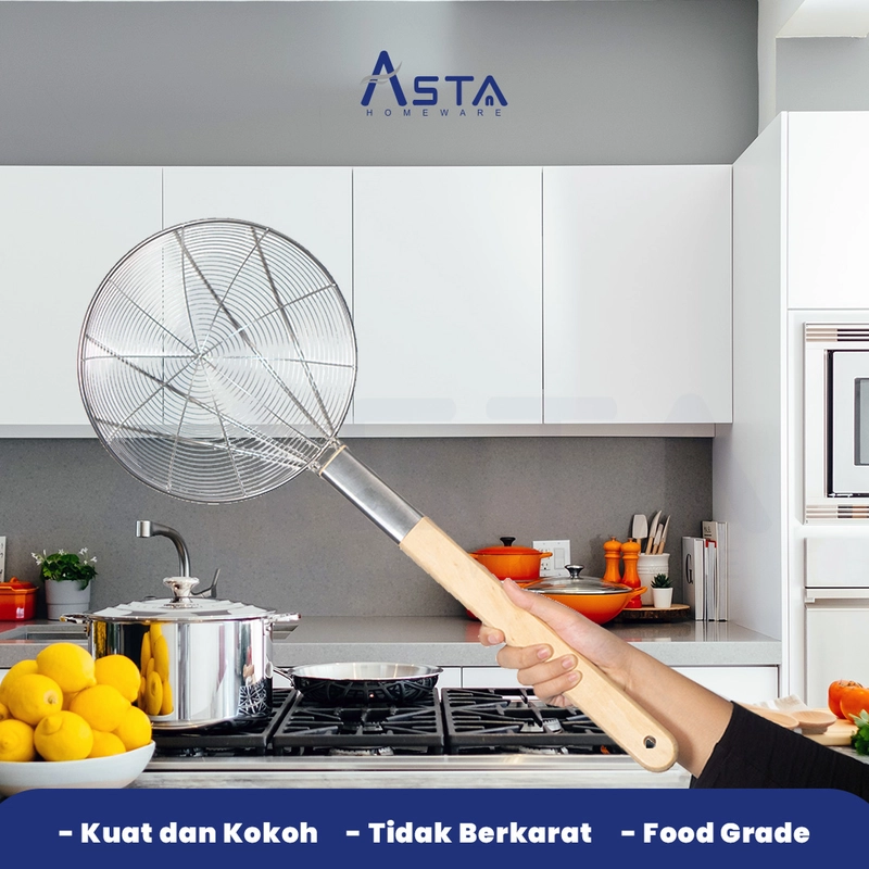 Product image Asta Saringan Minyak Goreng Stainless Steel Gagang Kayu Ukuran 24 cm