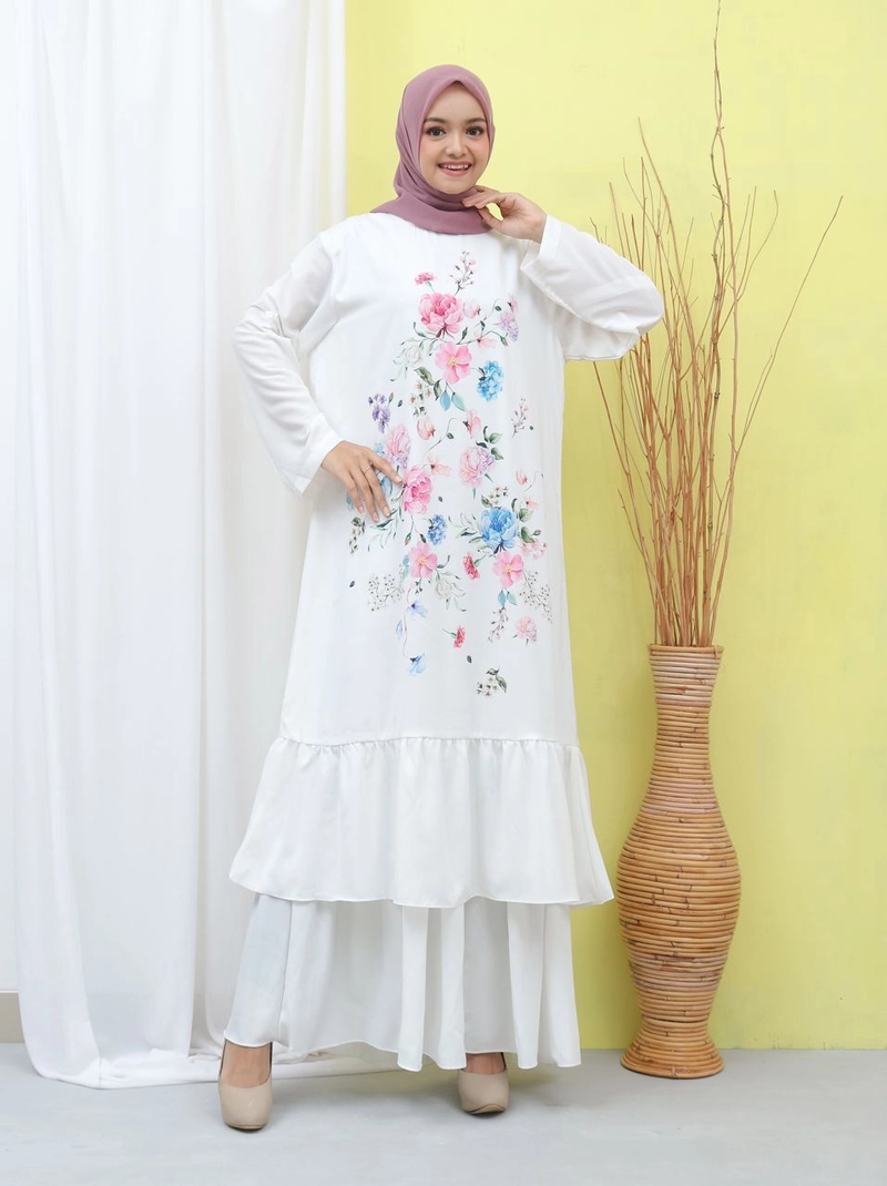Product image Syahrinda [TA] - Gamis Wanita Dress Muslim Panjang Putih Premium Motif Bunga Pinky Allsize Putih