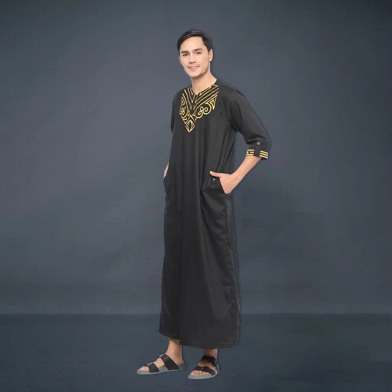 Product image Kawan Muslim - Jubah Gamis Pria Dewasa Motif Bordir Lengan Pendek 3/4 Bahan Katun Adem Nyaman XXL HITAM