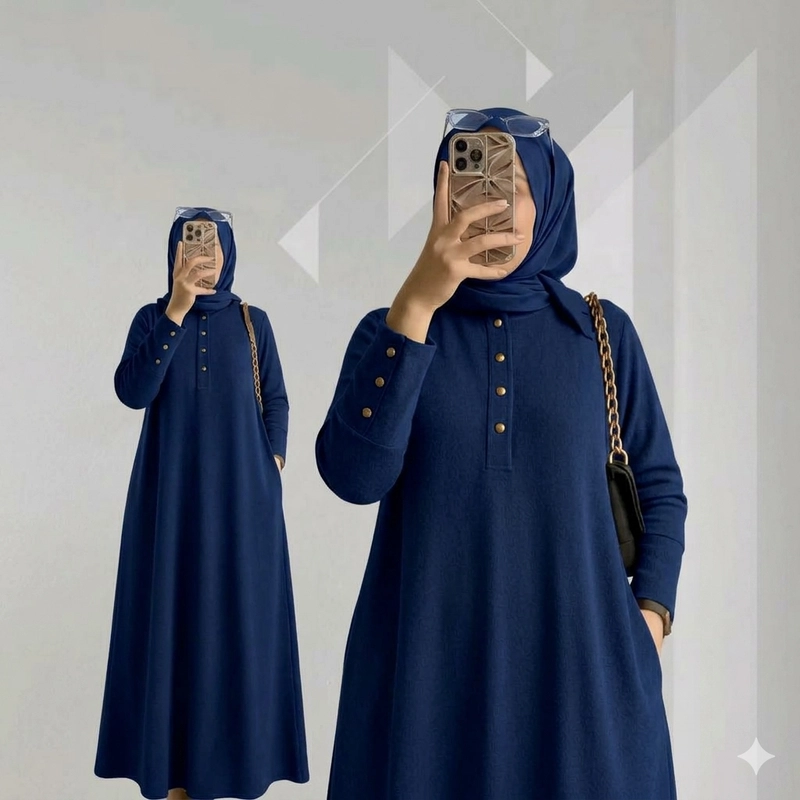 Product image MEQA DAILY - Gamis Inara Dress Wanita Rib Knit Kancing Button All Size Kode 1121 Navy