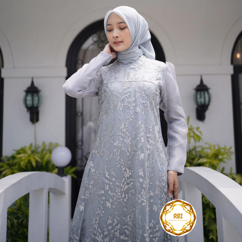 Product image Rambe Batik Indonesia - Gamis Alesya Premium Kain Maksmara Premium Kain Organza Mix Tulle Take All Premium XXL SMOKE GREY