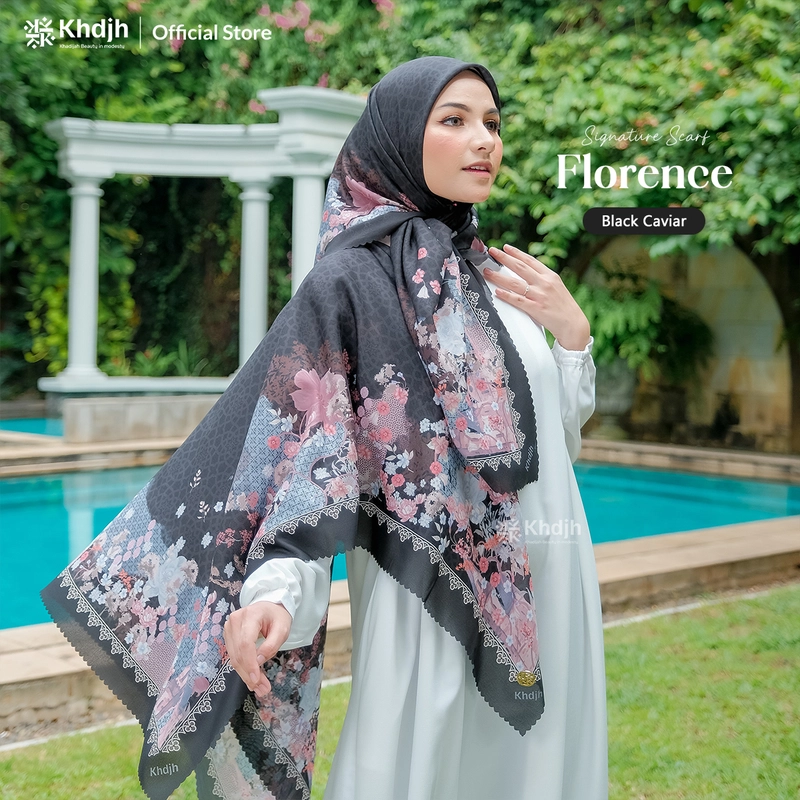 Product image KhadijahLabel - Hijab Segi Empat Printing Hijab Voal Scarf Premium Hijab Terbaru Motif Florence 115x115 cm Black Caviar