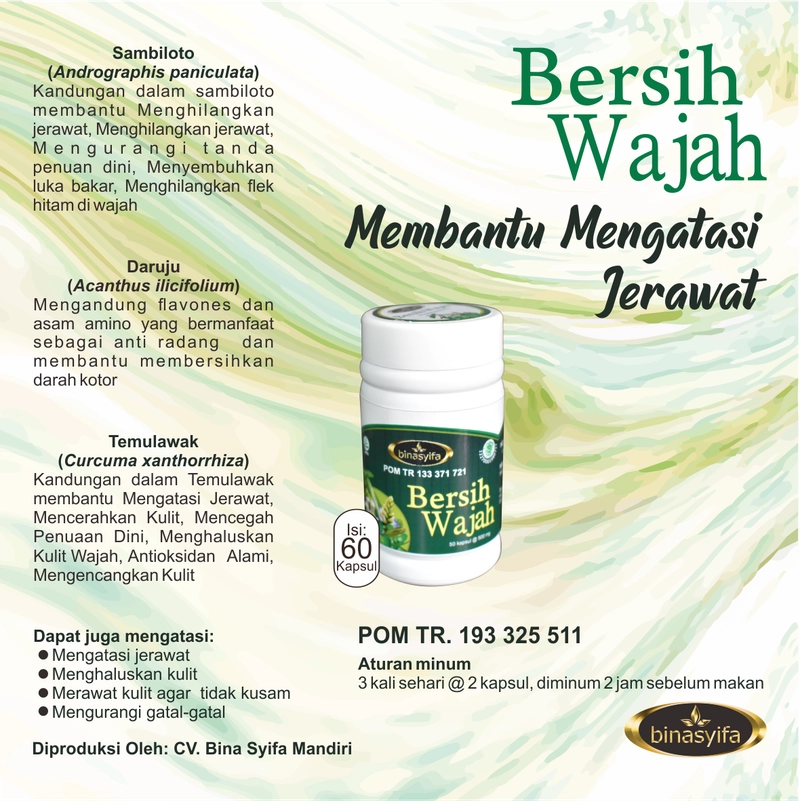 Product image BERSIH WAJAH BPOM Obat Jerawat dan Penghilang Bekas Jerawat Batu Obat Gatal Kulit Binasyifa Herbal 50 kapsul rasa jamu