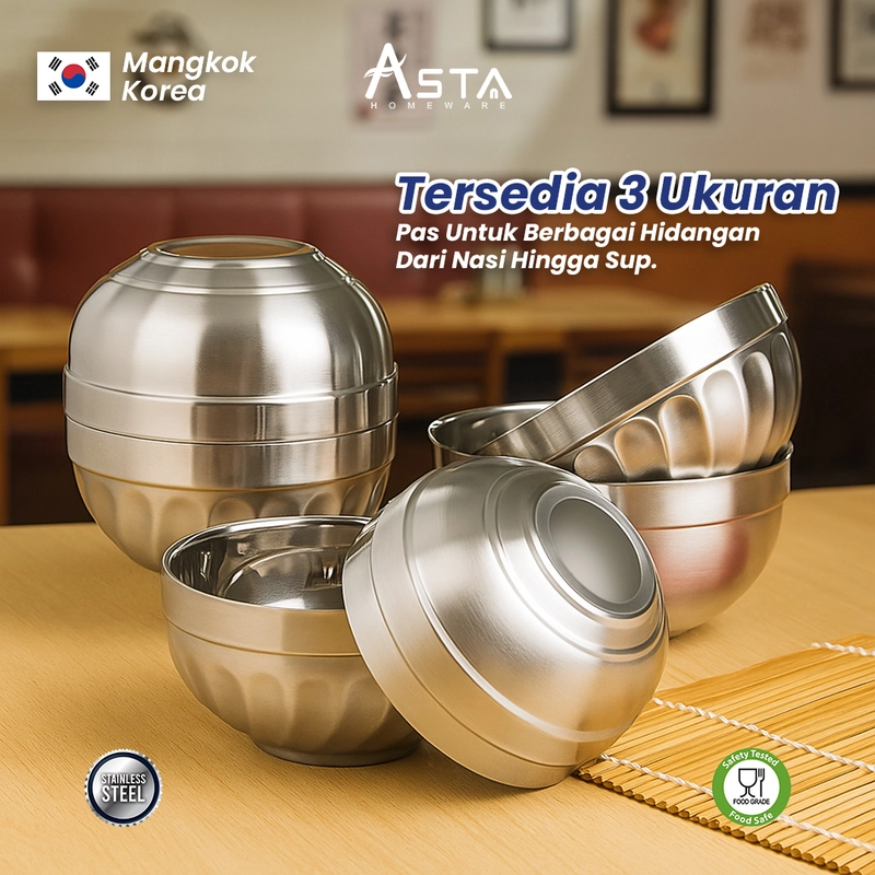 Product image Asta Homeware Official - Asta Mangkok Nasi Korea Stainless Steel Double Layer Mangkok Sup Korean Bowl Tebal Anti Panas 12 cm Polos