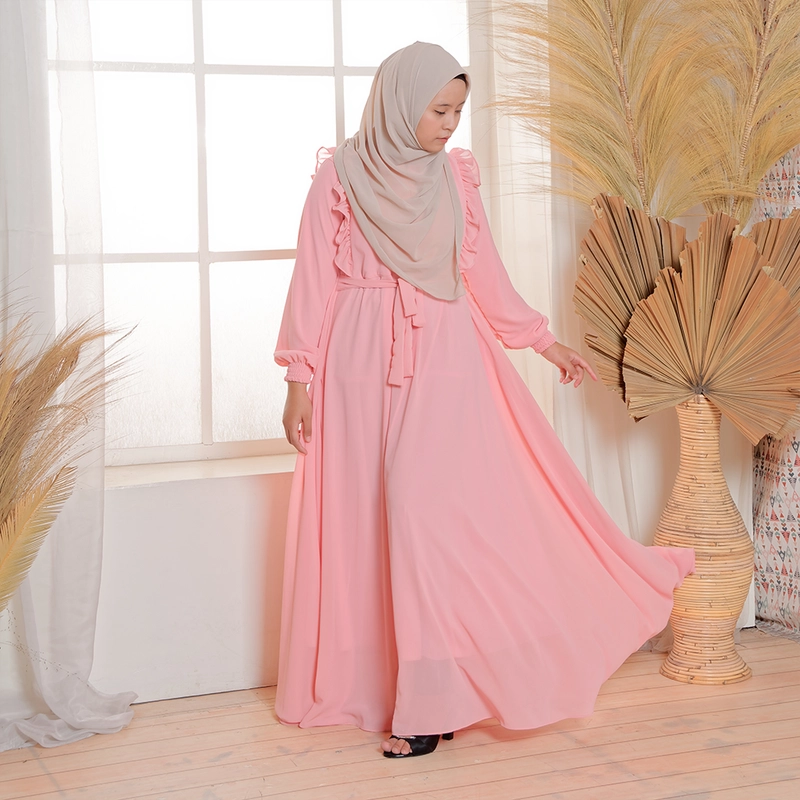 Product image MOSCOU - Baju Busana Dress Gamis Wanita Muslim Muslimah Syari Syar'I Remaja Ibu Busui Simple Simpel Elegan Casual Pesta Kondangan Lebaran Terbaru Kekinian Ceruty Ceruti Babydoll Premium Full Furing Hyget Adem Lembut Pink Peach Polos M Pink Peach