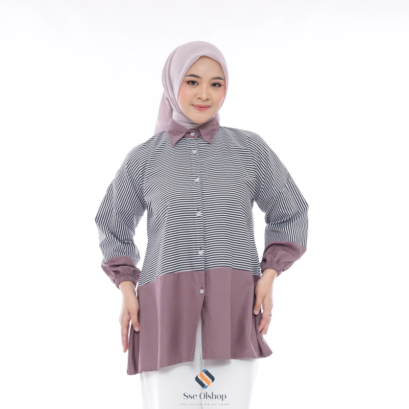 Product image Sseolshop - Maddie baju atasan wanita terbaru / kemeja wanita kombinasi katun rayon twill L Dark plum
