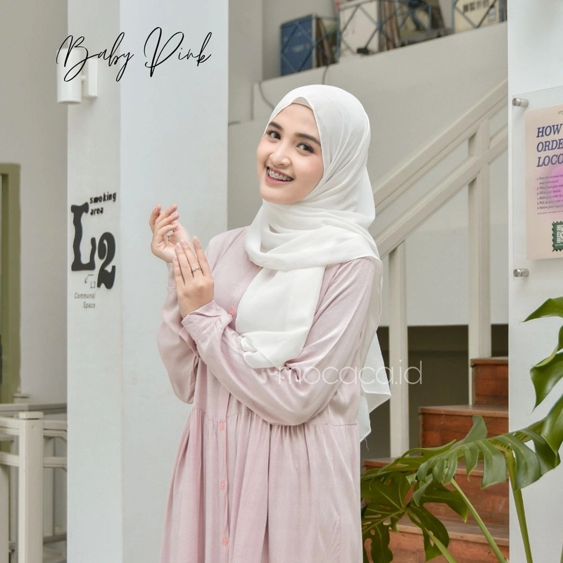 Product image mocaca id - Gamis Polos Premium Babydoll Lady Dress Rayon Twill Full Kancing Hidup Busui Baby Pink ALL SIZE BABY PINK
