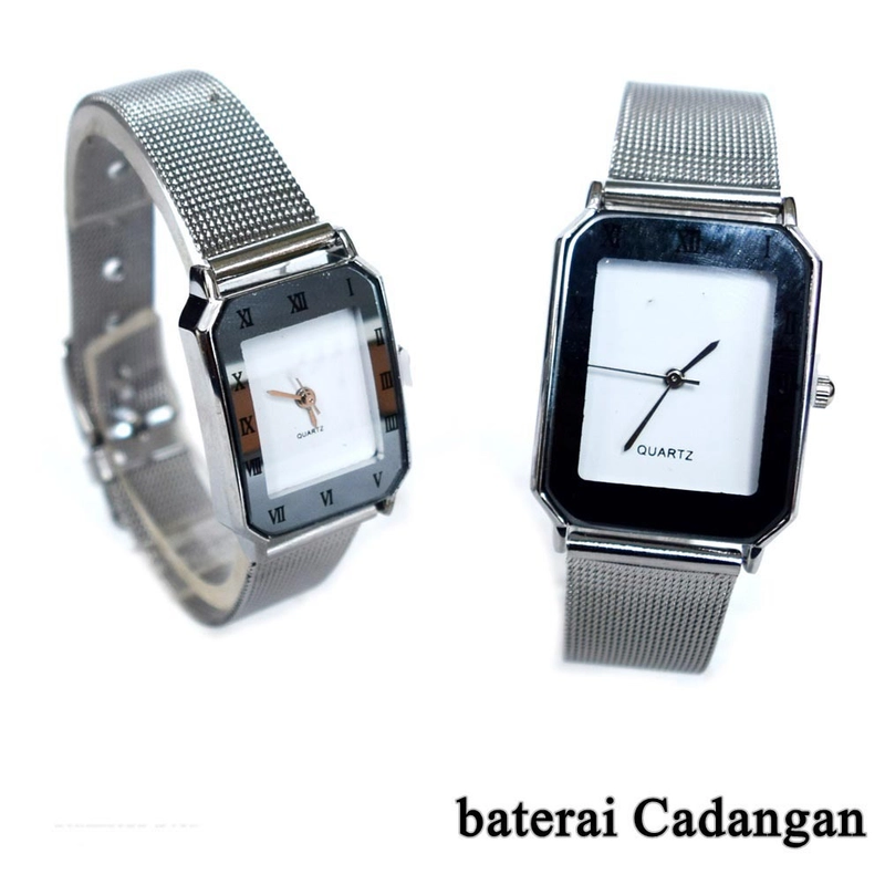 Product image Lanc Fashion - jam Silver Stainless Pasir Analog Couple Pasangan Kotak Tetragon WARNA PUTIH