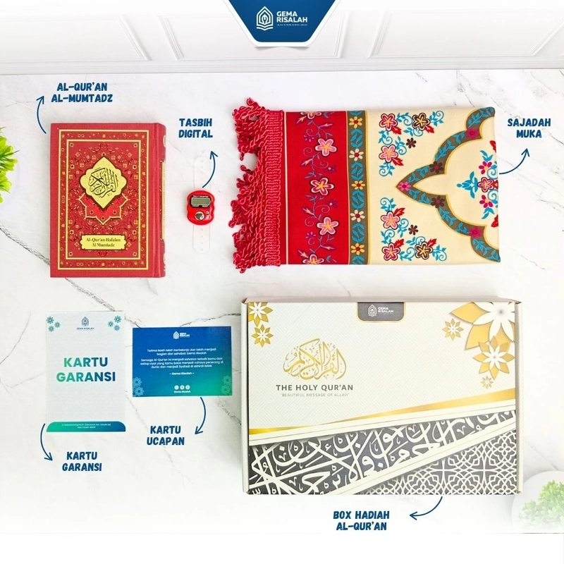 Product image Gema Risalah - Hampers Gift Set Ibadah Quran Hafalan Al Mumtaz dan Sajadah Turkiye Premium Anti Slip Hampers Merah