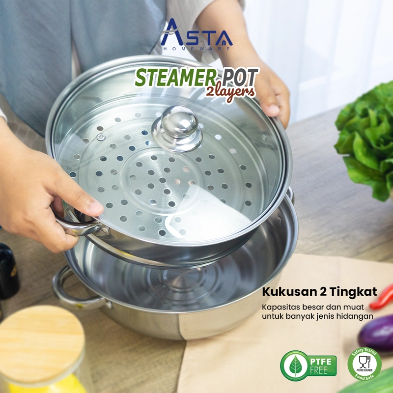 Product image Asta Homeware Official - Panci Kukusan Stainless Steel Steamer 2 Susun Tutup Kaca 28 cm Jenis ASSP-04