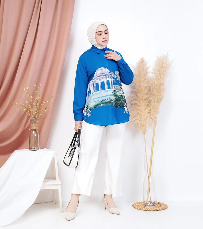 Product image Syahrinda [TA] - Kemeja Atasan Kancing Ayudia Bunga Turkey Zaralia Silky Standar Bigsize size 38 Turqoise