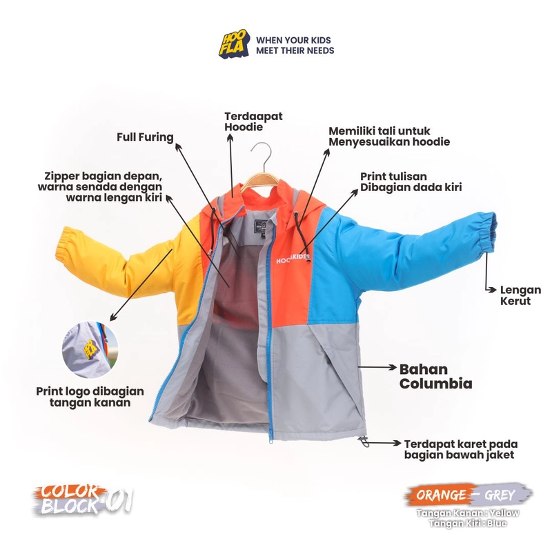 Product image Hoofla - Jaket Anak Color Block Jacket M CBJ 01 Orange-Grey
