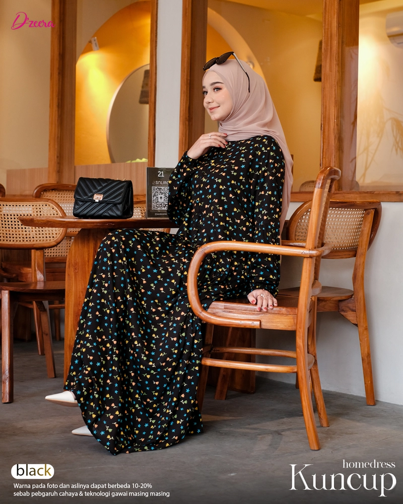 Product image Dzeera - KUNCUP HOMEDRESS / gamis wanita muslimah motif bunga bahan rayon S Black