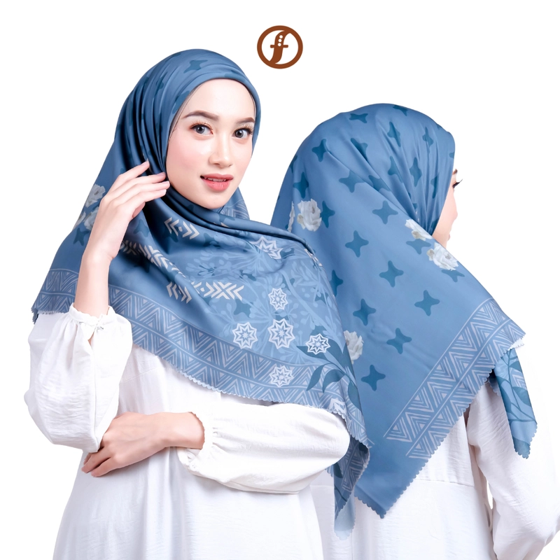 Product image Forall Hijab - NURA Jilbab Kerudung Motif Digital Printing Segi Empat Voal Lasercut Logo Plat Gold All Size BLUE