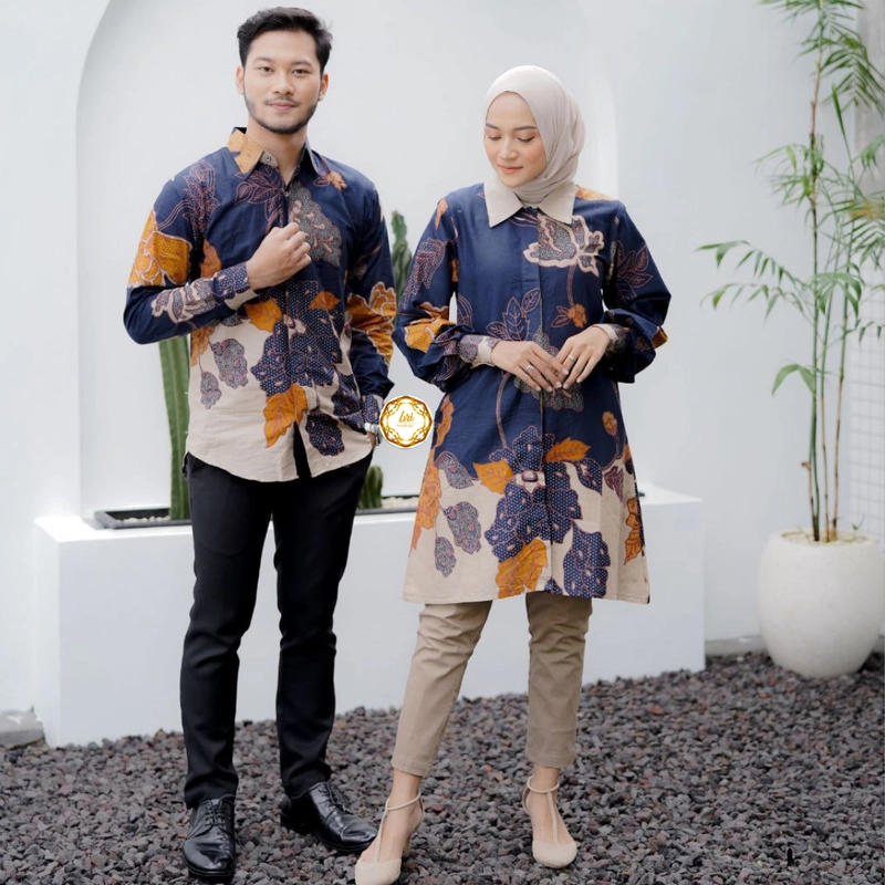 Product image Rambe Batik Indonesia - Couple Tunik Mawar Exclusive Biru Kemeja Saja Size M Biru