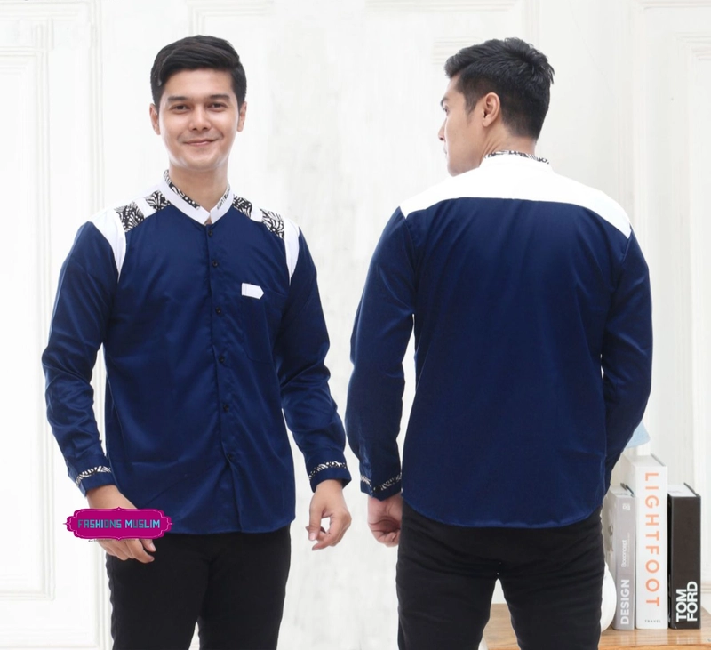 Product image Kois Batik - Baju koko pria Kombinasi Batik lengan panjang M Biru navy