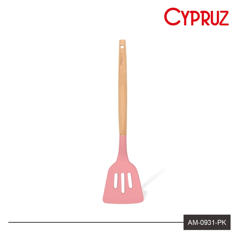 Product image Cypruz - Cypruz Utensil Gagang Kayu Kepala Silicone Turner LUBANG AM-0931-PK Panjang : 32 cm Warna : Pink
