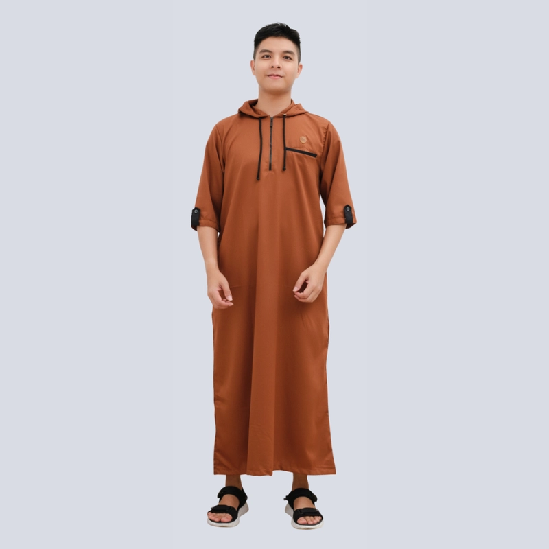 Product image Kawan Muslim - Jubah Gamis Muslim Pria Hoodie Dewasa Size M Sampai Xxl Coklat Premium Bahan Adem M COKLAT