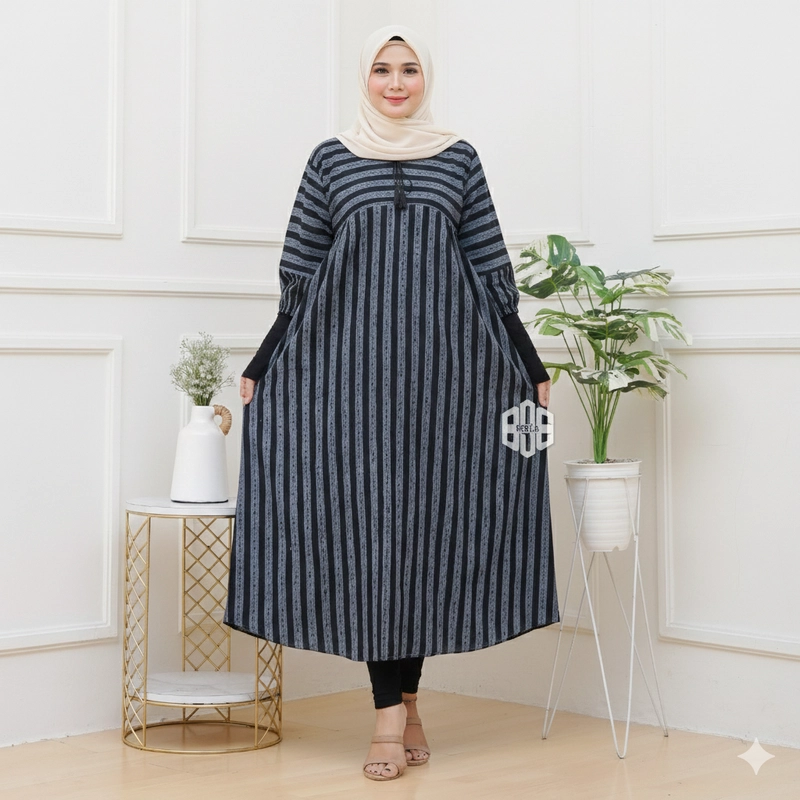 Product image Disya.id - Dress Gamis Wanita Bahan Rayon Resleting Depan Salur LD 120cm Abu