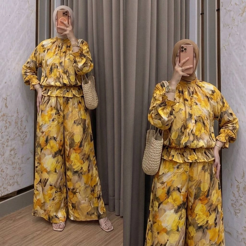 Product image Khisna collection - Naykila set celana kulot motif bunga kekinian Allsize Flower yellow