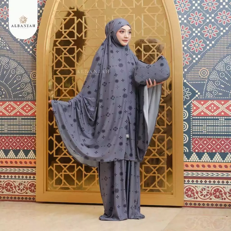 Product image Al Baniah - Mukena Tutup Dagu Motif Printing Malaysia Royal Premium Adem Nyaman Lembut Azeela Dewasa Jumbo Grey