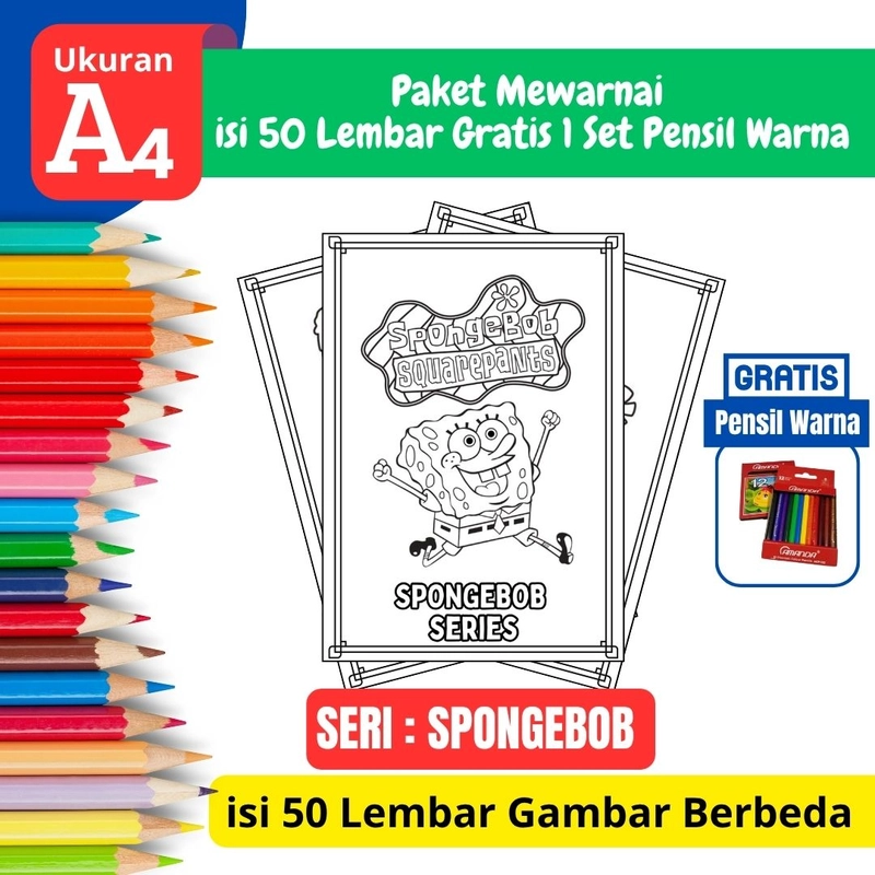Product image FEID Store - [ EDISI SPONGE BOB ] Promo Paket Mewarnai isi 50 Lembar Gratis 1 Set Pensil Warna - A4 Tebal A4 TEBAL