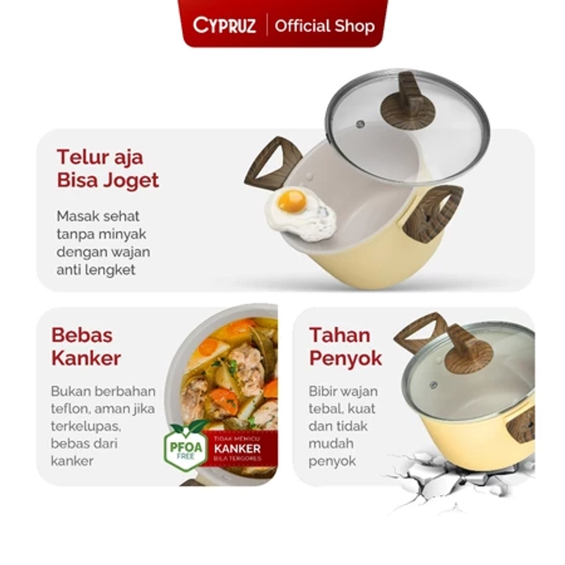 Product image Cypruz Official - Cypruz Panci Anti Lengket + Tutup Casserole High Hercules Series Nude 20cm PI-1017 XL NUDE