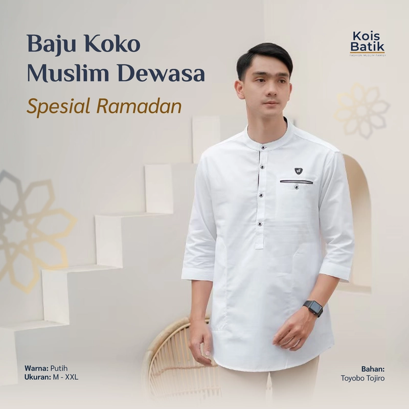 Product image Kois Batik - Baju koko muslim dewasa warna putih lengan 3per4 bagus banget M Putih