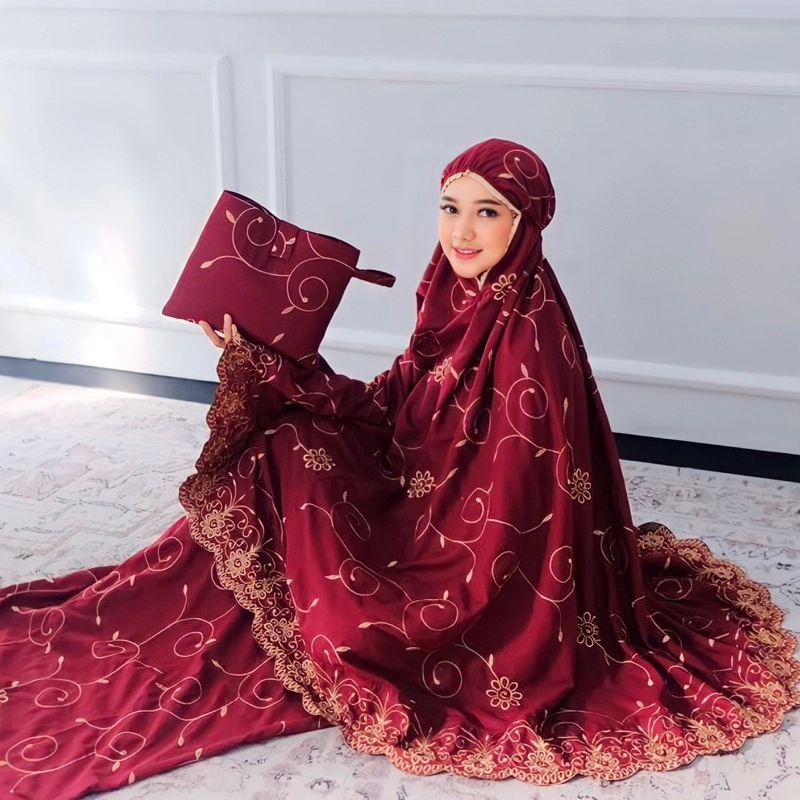 Product image qayd - free ikat rambut mukena kamila bordir premium bordir kamila maron