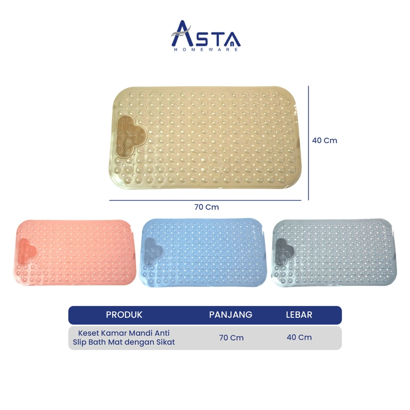 Product image Asta Homeware Official - Asta Keset Kamar Mandi Anti Slip Bath Mat dengan Sikat Bathtub Shower Mat Pijat Pad 70x40 cm Color Biru