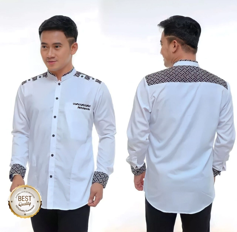 Product image Kois Batik - BAJU KOKO MUSLIM DEWASA KOMBINASI BATIK LENGAN PANJANG PUTIH KOMBINASI S Putihhitam