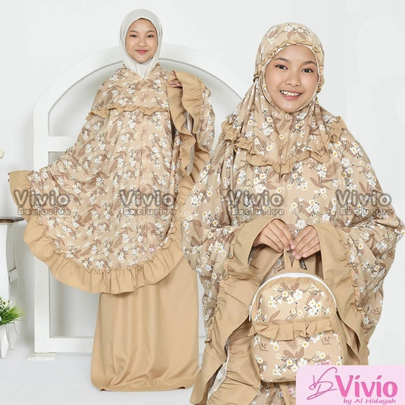 Product image Vivio Kids - Mukena Anak Tas Ransel Resleting Dagu Rayon Premium Motif Mukena 2 in 1 TK SD SMP SMA M (3-6 thn) CuteDaisy-Mocca