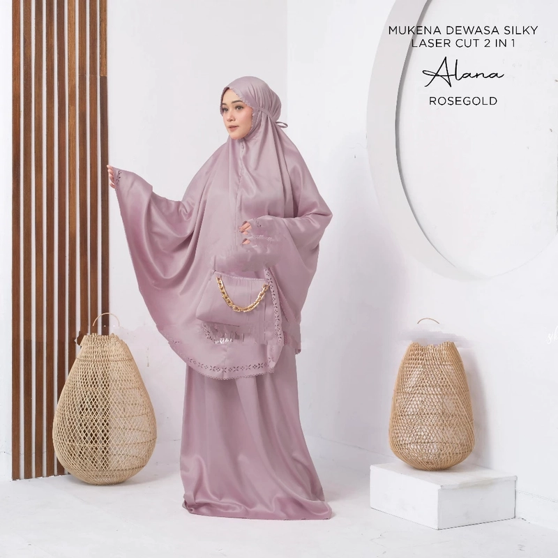 Product image qayd - Mukena Alana Silky Dewasa Laser Cut 2in1 Polos Bahan Katun Silk Dewasa Rose Gold