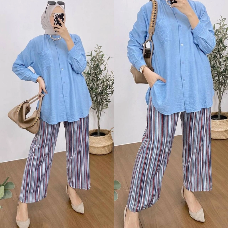 Product image Valencia - Noorin Set - One Set Wanita Kemeja Import Crinkle Airflow Setelan Wanita Celana Kulot Lengan Panjang All Size Blue