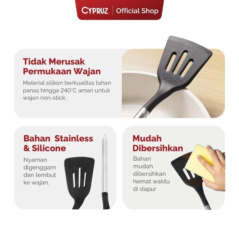 Product image Cypruz Official - Cypruz Silicone Utensil Series Gagang Stainless Slotted Turner AM-1071 S HITAM